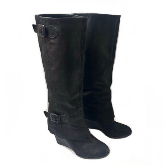 Vince Camuto Shoes - Vince Camuto Black Leather Knee High Wedge Boots